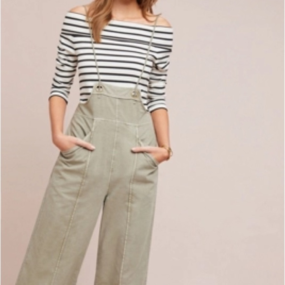 Anthropologie Overalls Womens Large Gray Wide Leg Cropped Suspender Jumpsuit